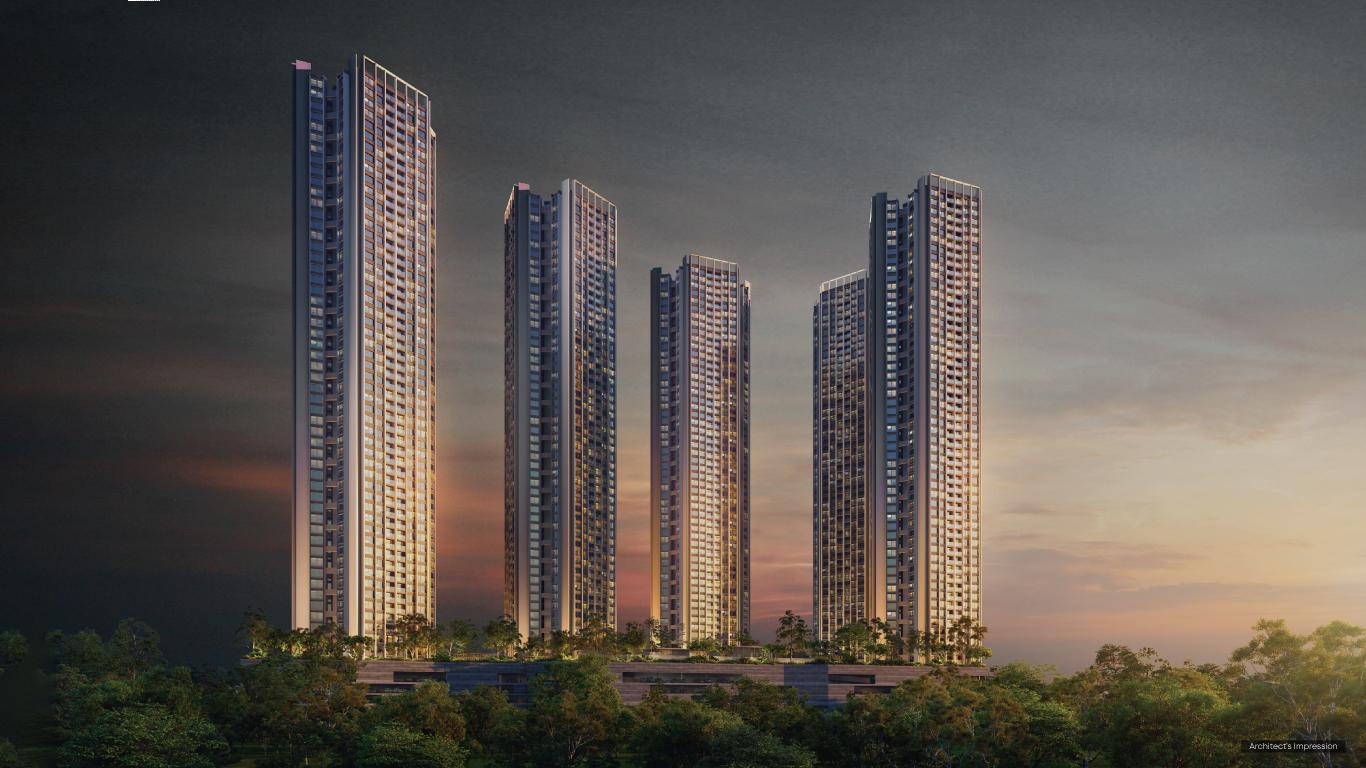 Night view of modern building with water reflection, dark blue sky